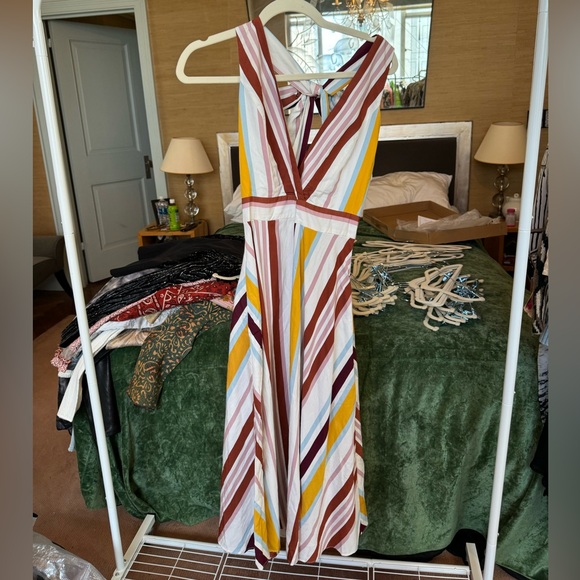 TRF Collection Striped Tropical Midi Halter Dress with Bow - Picture 1 of 3